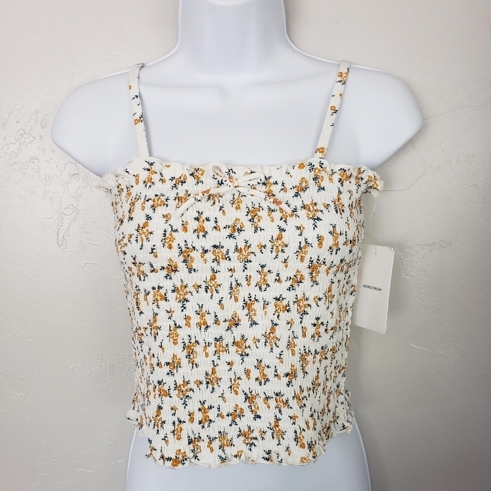 Nordstrom NWT Girls XL 14/16 Tank Top Smocked Ivory Mustard Floral Crop